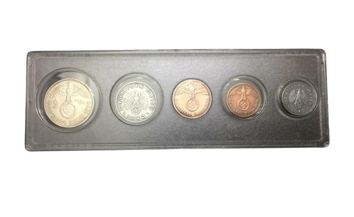 WW2 German Coin Set with 2 Reichsmark SILVER Coin – 5 Authentic WWII Coins (1937–1944) in Protective Display Case – Rare Circulated Germany Coins Collection