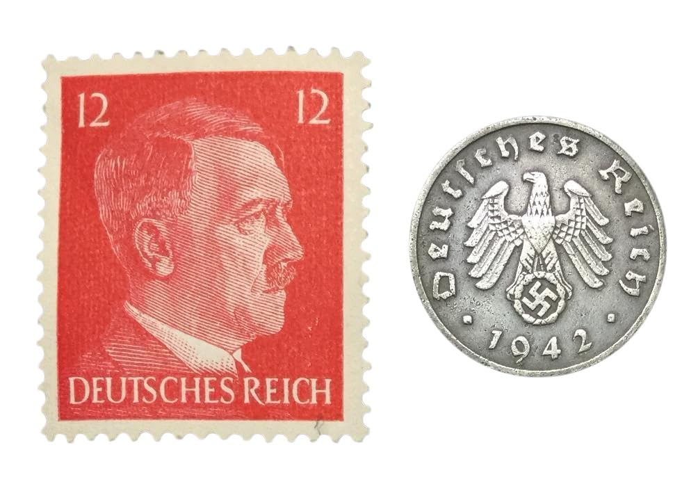 Rare Nazi Swastika 1 Reichspfennig German Coin World War 2 WW2 with Red Hitler Head Stamp MNH – For WWII Educational and Collection Purpose