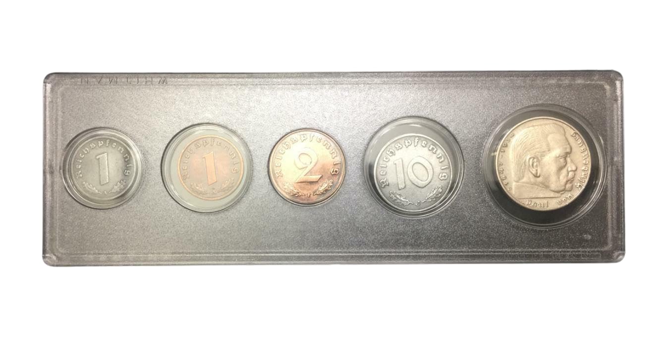 WW2 German Coin Set with 2 Reichsmark SILVER Coin – 5 Authentic WWII Coins (1937–1944) in Protective Display Case – Rare Circulated Germany Coins Collection