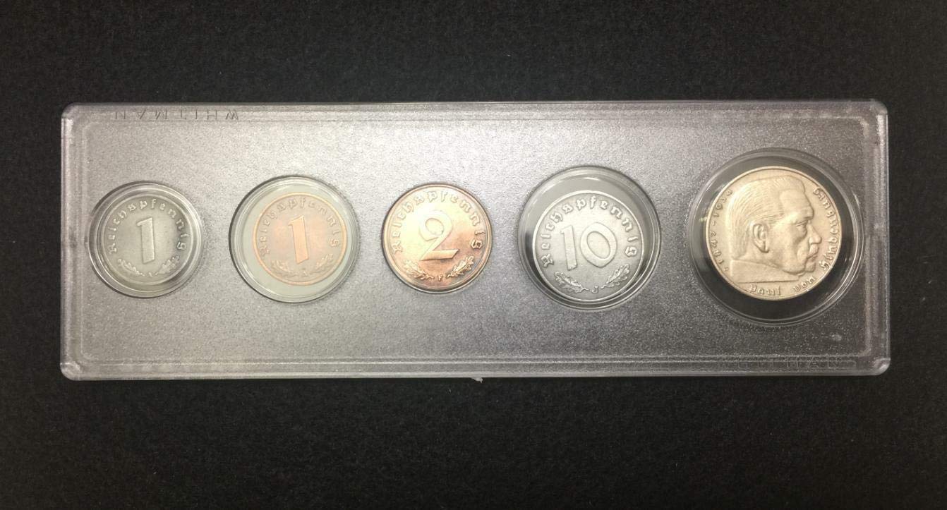 WW2 German Coin Set with 2 Reichsmark SILVER Coin – 5 Authentic WWII Coins (1937–1944) in Protective Display Case – Rare Circulated Germany Coins Collection