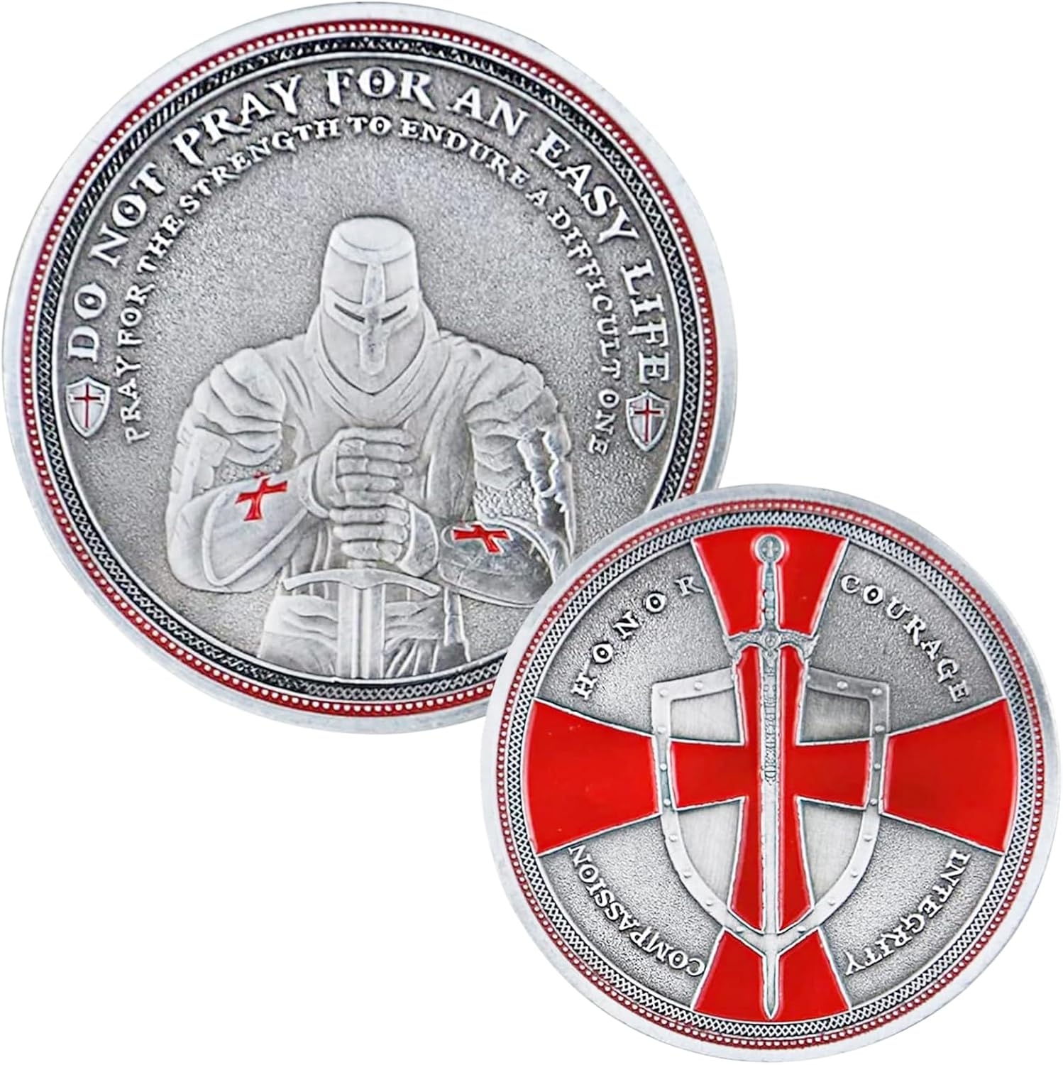 Knights Templar Challenge Coin Red Cross and Shield 3D Silver-Plated Religious Collectible A Christian Faith Inspirational Quote Commemorative Coin for Men History and Bible Students(E)