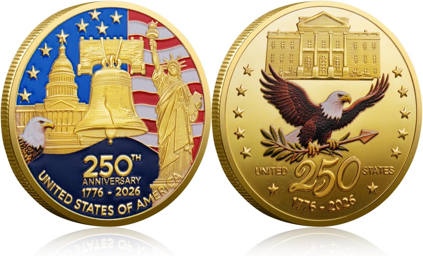 250th Anniversary Commemorative Coins - Golden American Flag & Liberty Bell Design Collectible Coins, Durable Metal Anniversary Coins for Display, Collectors & Gift Idea, Patriotic Design (1PCS)