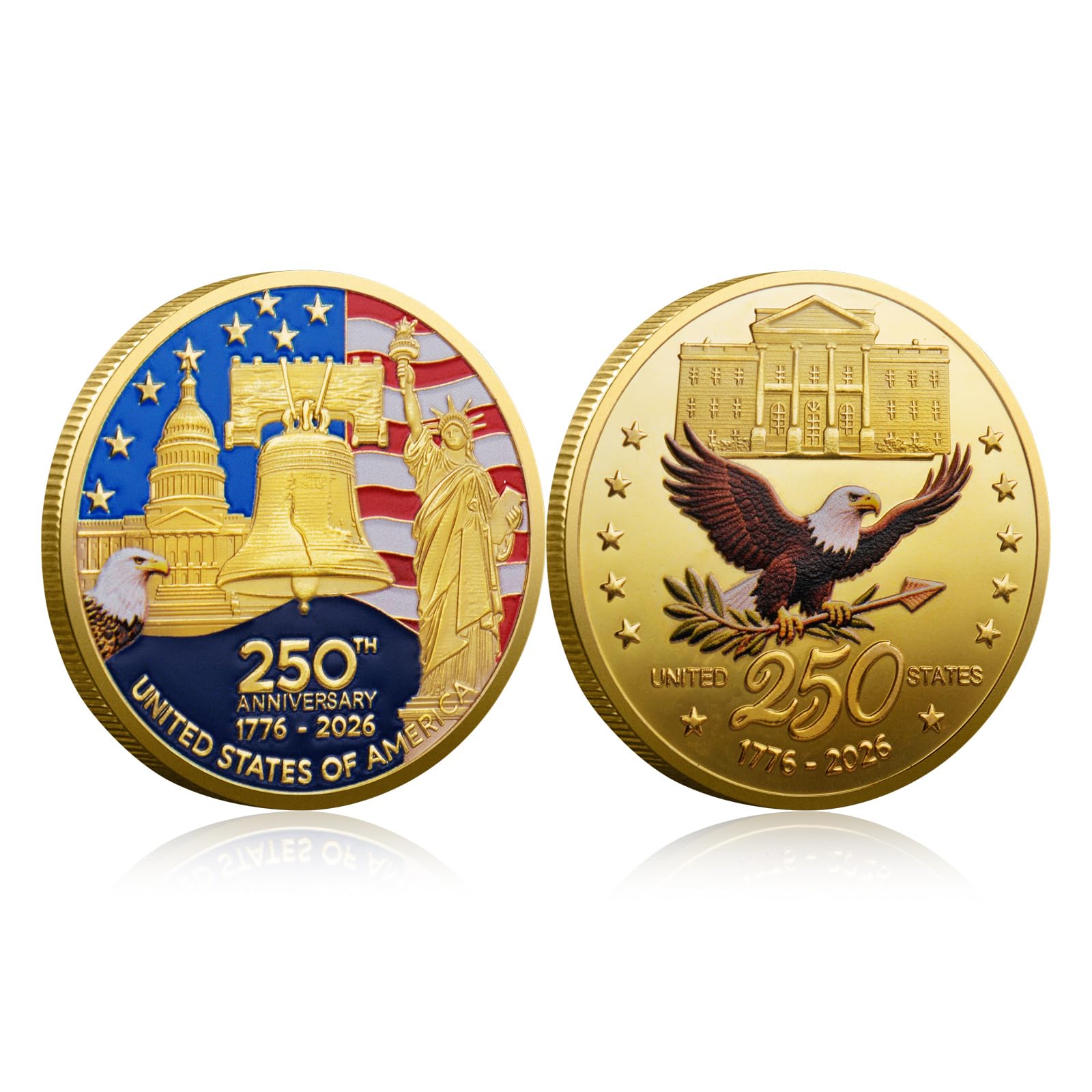 250th Anniversary Commemorative Coins - Golden American Flag & Liberty Bell Design Collectible Coins, Durable Metal Anniversary Coins for Display, Collectors & Gift Idea, Patriotic Design (1PCS)