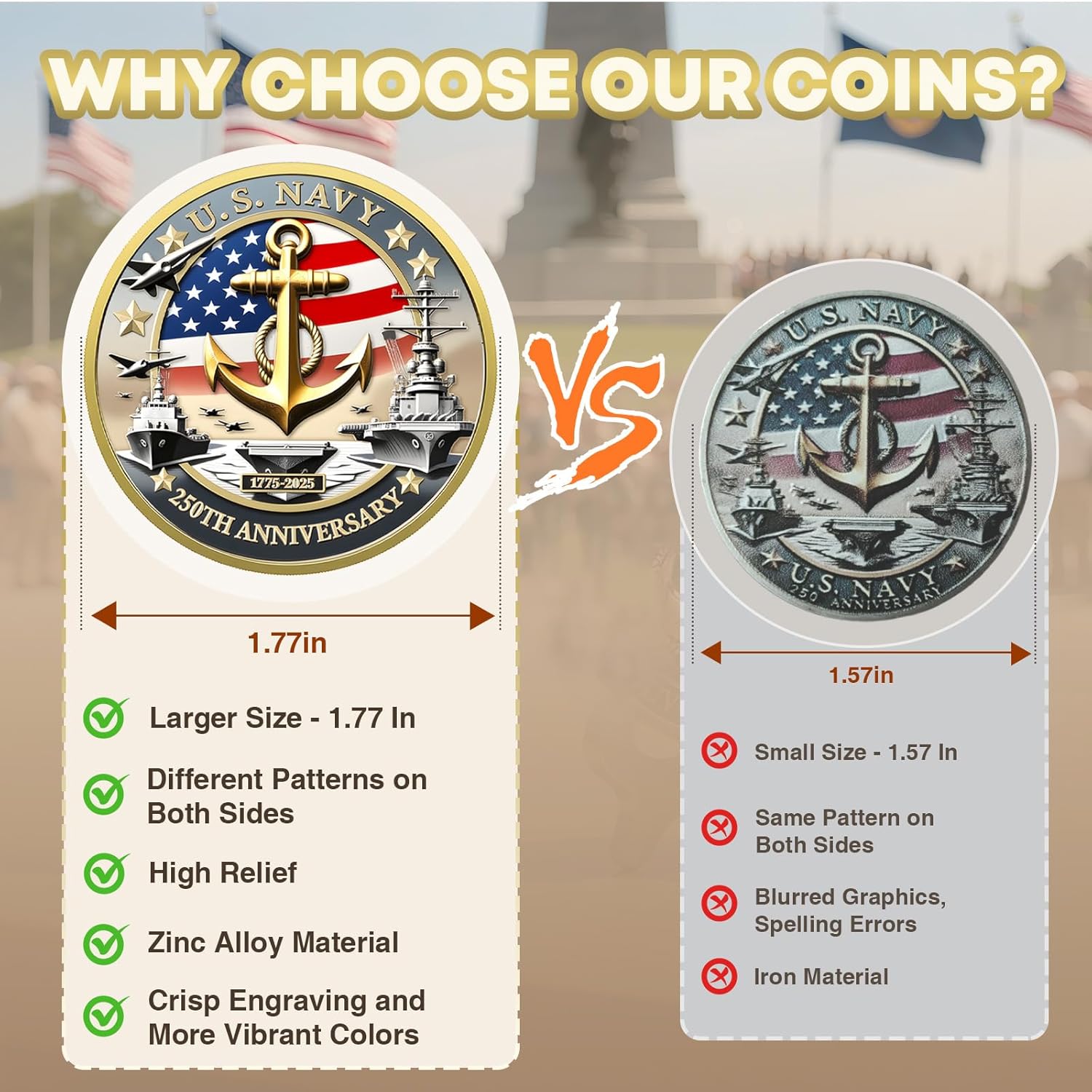Upgraded Marine Corps 250th Anniversary Challenge Coin, 1.77 Inch Double-Sided US.MC Military Navy Commemorative Coins in Durable Zinc Alloy - Veteran Gift & Military Collectible