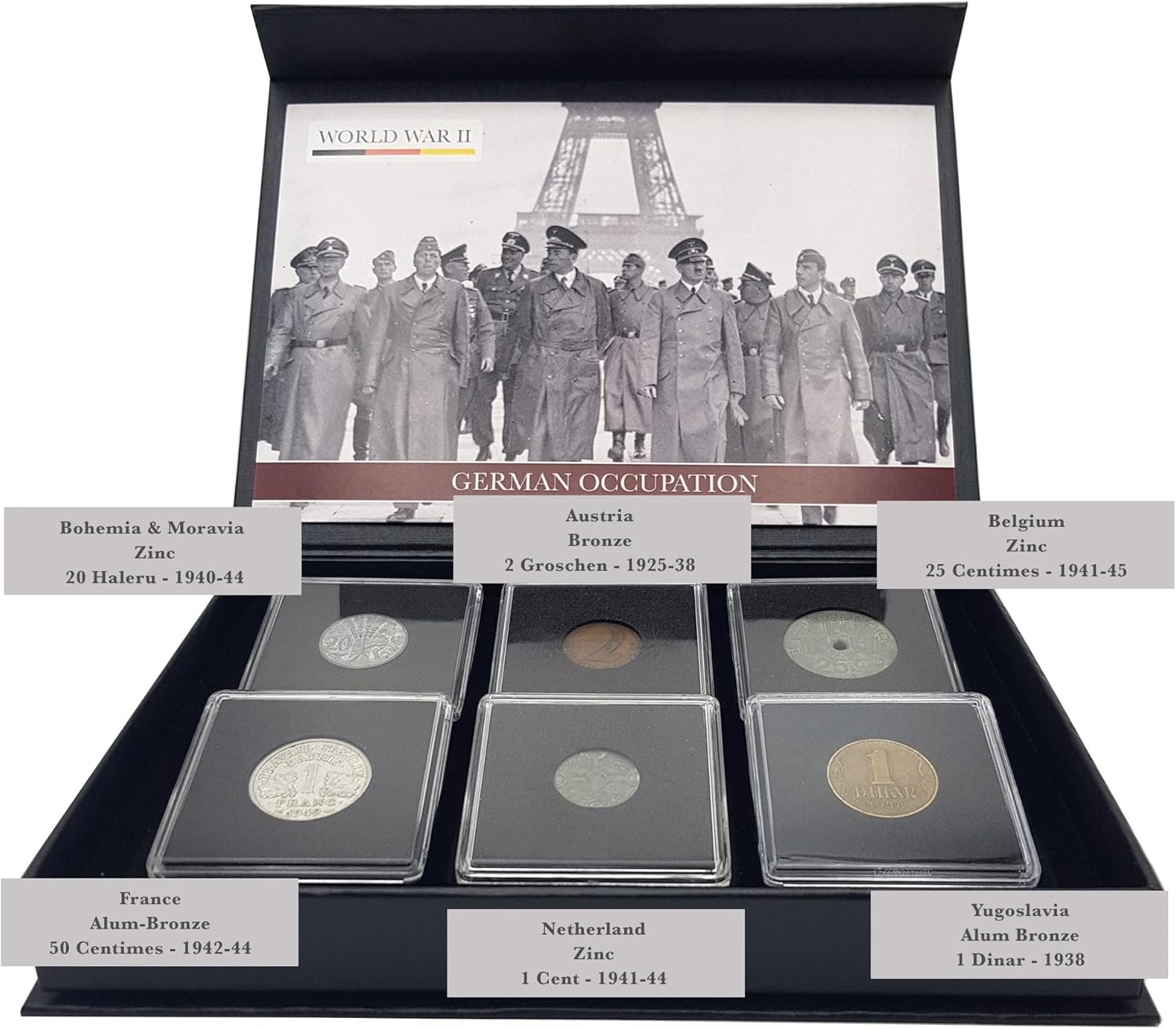 WW2 World Currency - 6 Coins Used During The World War 2 by The Germans in The Territories They Occupied (1925/45). Special WW2 Memorabilia for Collector, Certificate of Authenticity Included.