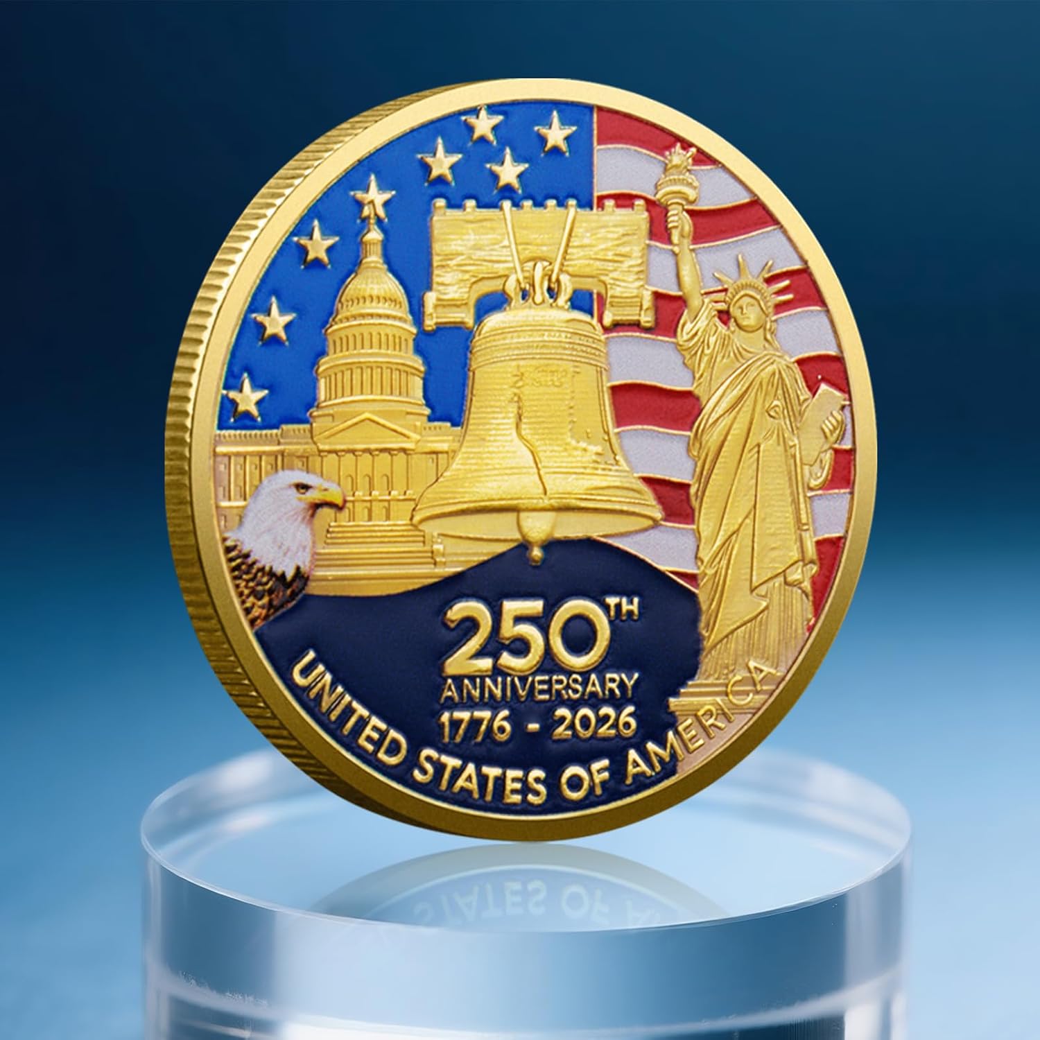 250th Anniversary Commemorative Coins - Golden American Flag & Liberty Bell Design Collectible Coins, Durable Metal Anniversary Coins for Display, Collectors & Gift Idea, Patriotic Design (1PCS)