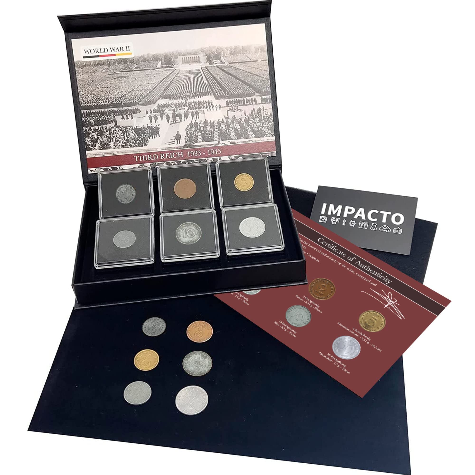 WW2 World Currency - 6 Coins Used During The World War 2 by The Germans in The Territories They Occupied (1925/45). Special WW2 Memorabilia for Collector, Certificate of Authenticity Included.