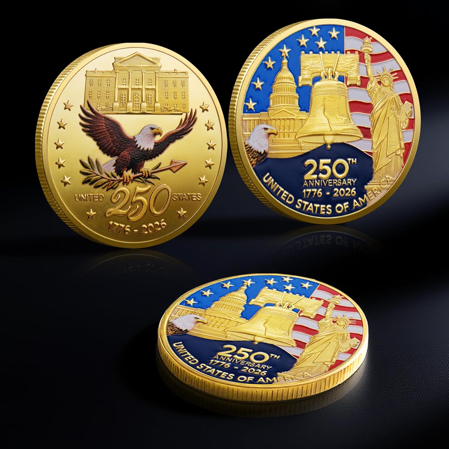 250th Anniversary Commemorative Coins - Golden American Flag & Liberty Bell Design Collectible Coins, Durable Metal Anniversary Coins for Display, Collectors & Gift Idea, Patriotic Design (1PCS)