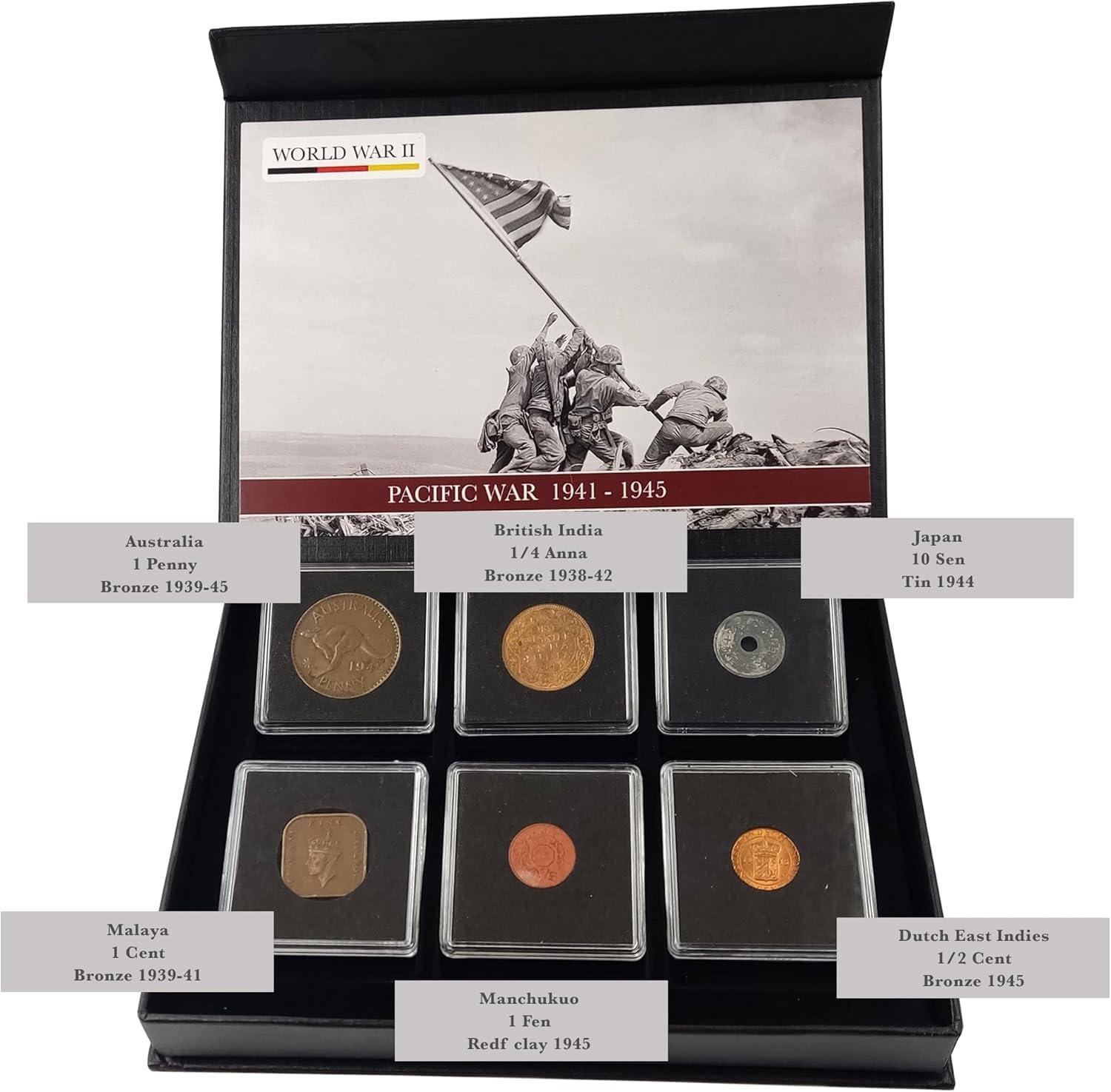 WW2 World Currency - 6 Coins Used During The World War 2 in The Pacific, The Pearl Harbor Collection (1938-1945). Special WW2 Memorabilia for Collector, Certificate of Authenticity Included.