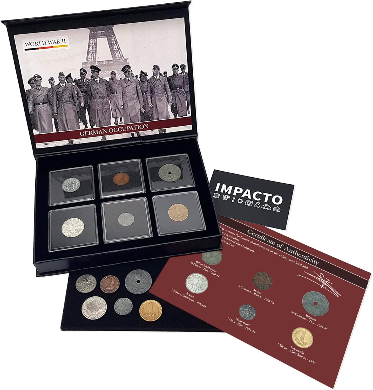 WW2 World Currency - 6 Coins Used During The World War 2 by The Germans in The Territories They Occupied (1925/45). Special WW2 Memorabilia for Collector, Certificate of Authenticity Included.
