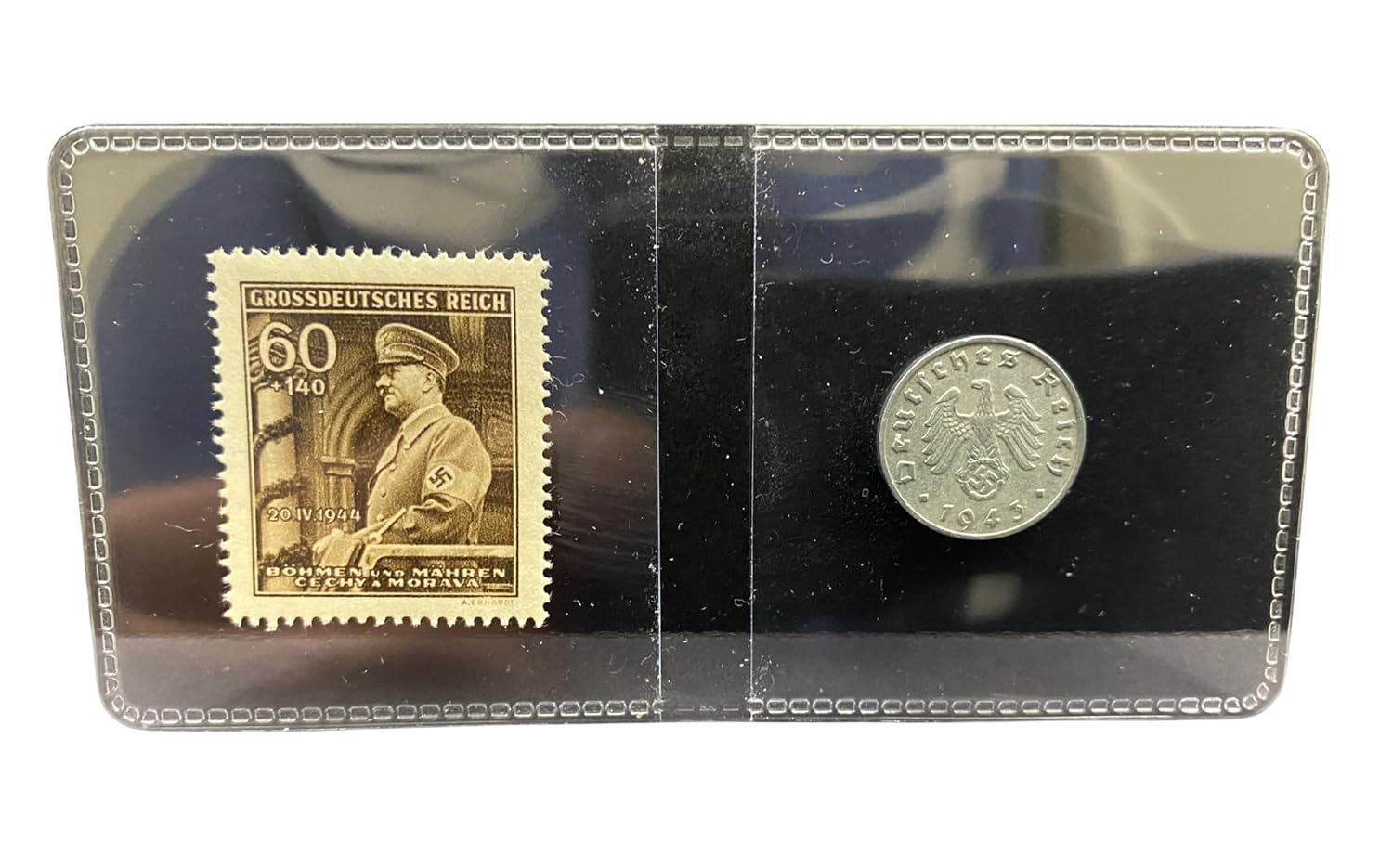 WWII Germany Coin & Stamp Set – Authentic 1 Reichspfennig Zinc Coin (1940-1944) & 1944 Bohmen und Mahren Stamp – Rare WWII Collectible