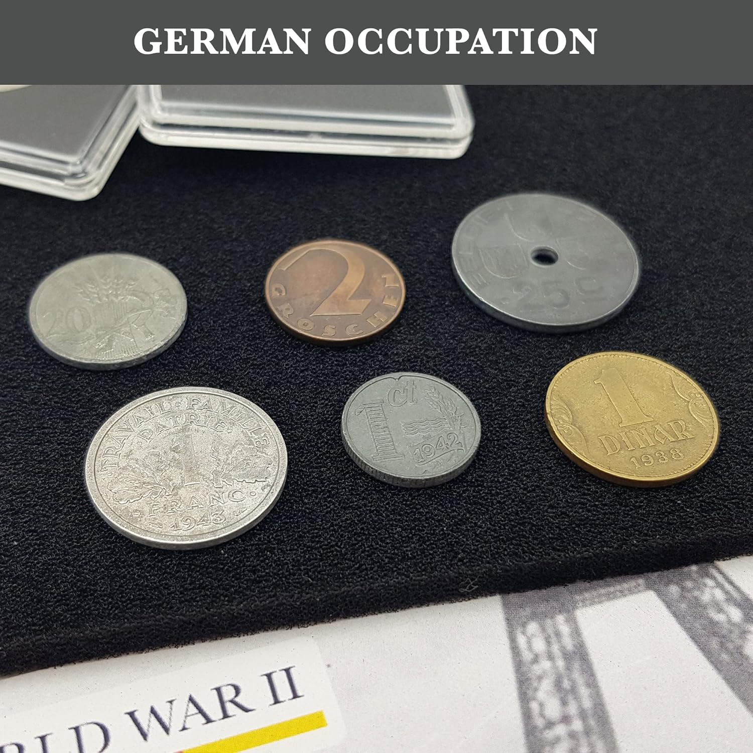 WW2 World Currency - 6 Coins Used During The World War 2 by The Germans in The Territories They Occupied (1925/45). Special WW2 Memorabilia for Collector, Certificate of Authenticity Included.