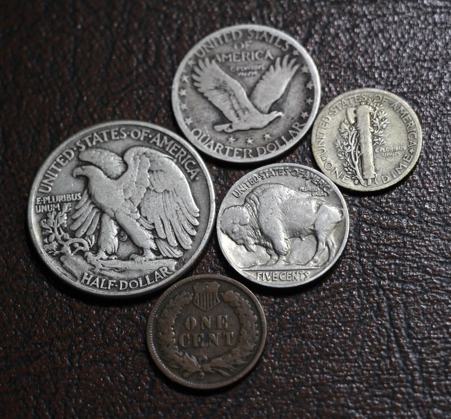 Old U.S. Silver Coins 5 Coin Collection Gift Set - Indian Head Cent, Buffalo Nickel, Mercury Dime, Standing Liberty Quarter, Walking Liberty Half Dollar