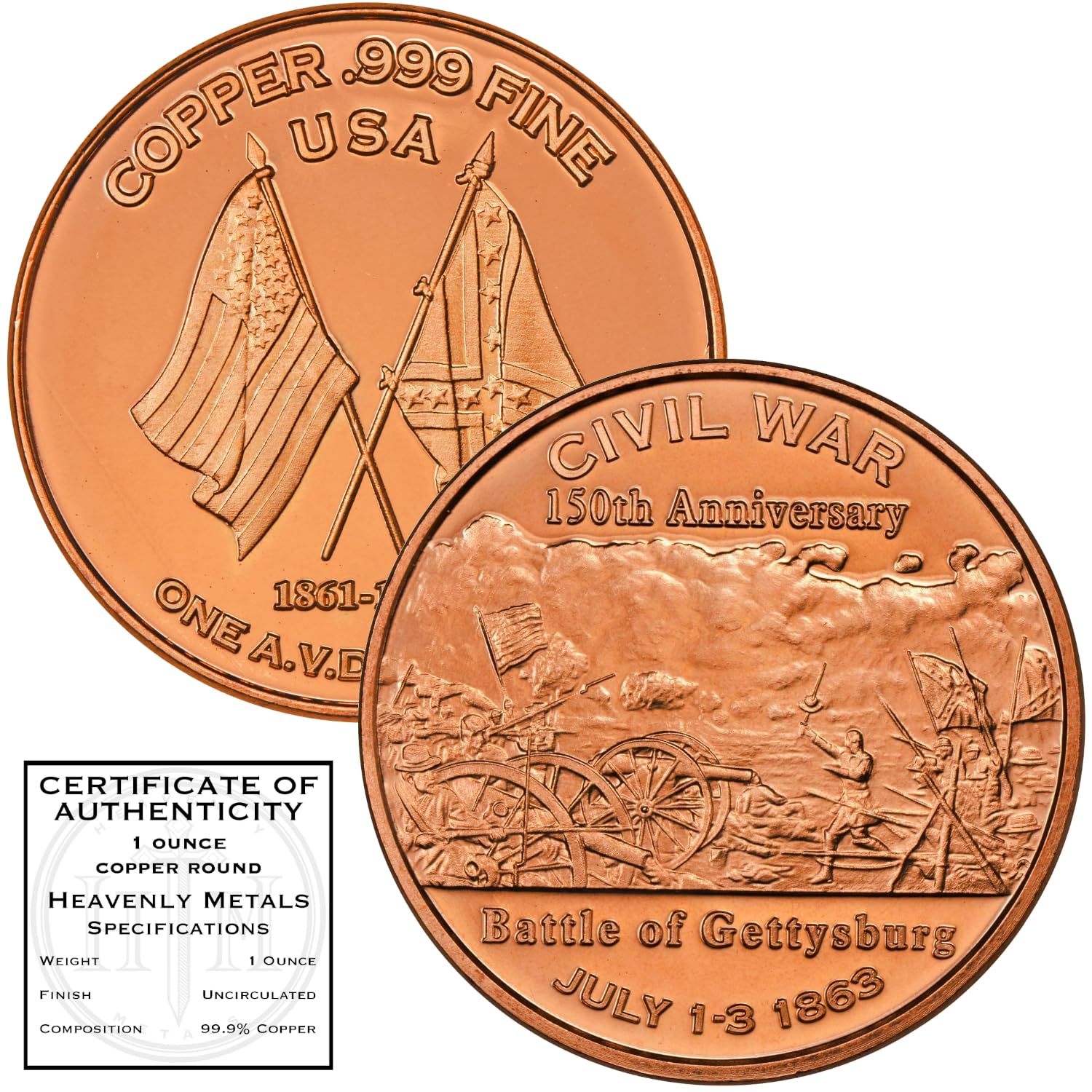 H.L. Hunley Submarine Civil War Commemorative 1 oz Pure .999 Copper Round Collectible Coin in Capsule