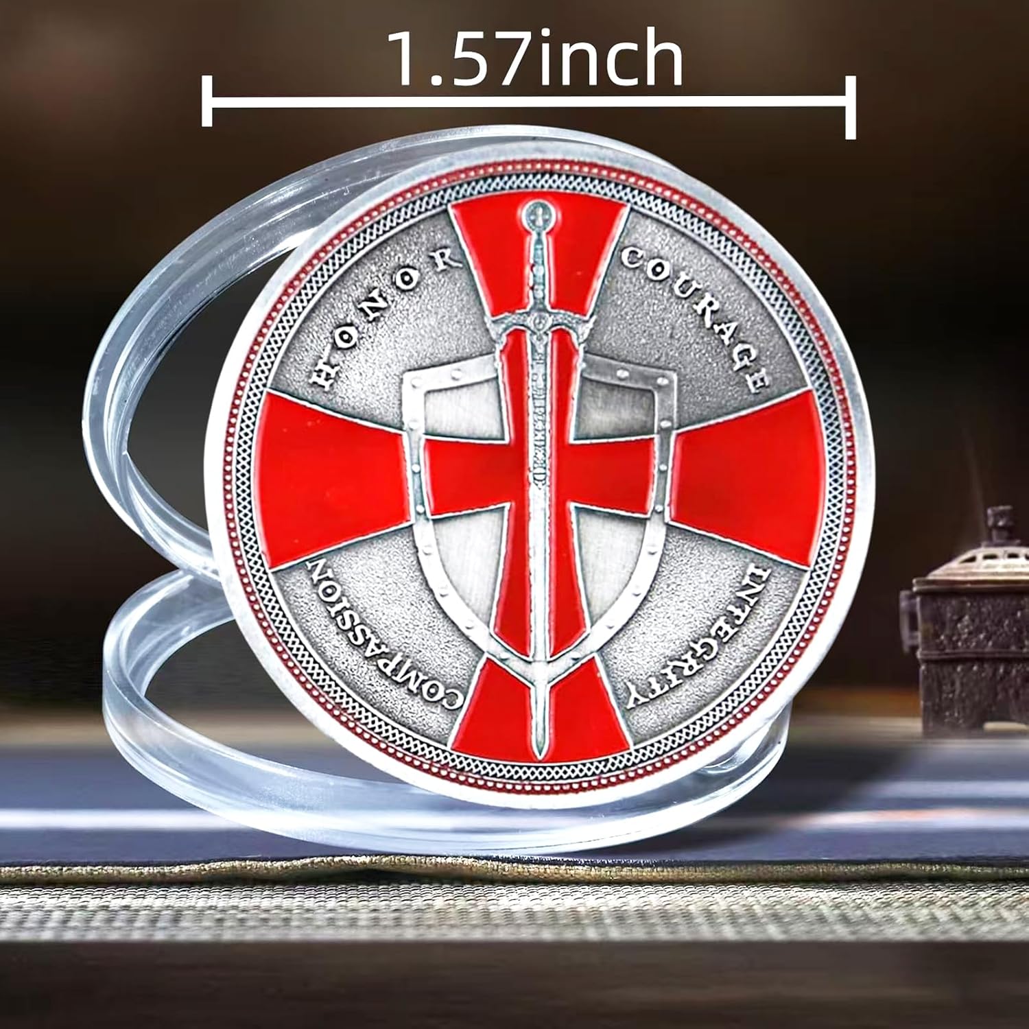 Knights Templar Challenge Coin Red Cross and Shield 3D Silver-Plated Religious Collectible A Christian Faith Inspirational Quote Commemorative Coin for Men History and Bible Students(E)