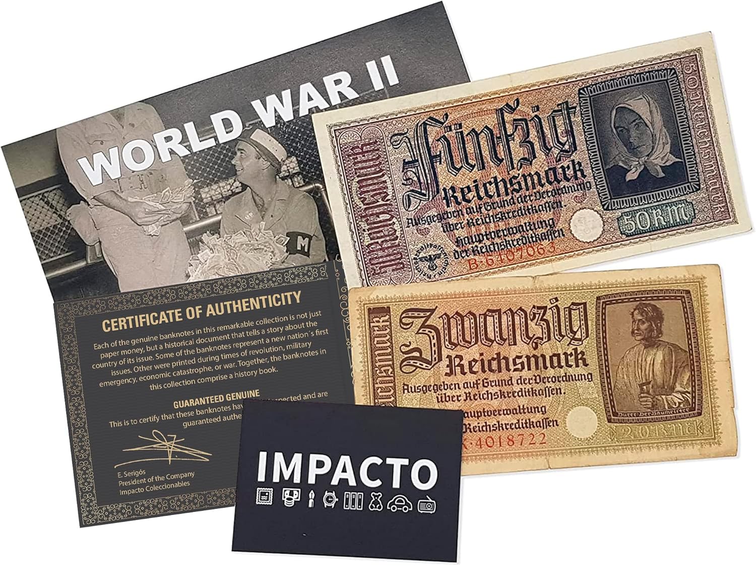 IMPACTO COLECCIONABLES - 2 Banknotes Used During The World War 2 by German Troops (1939-42) - Third Reich, Certificate of Authenticity Included