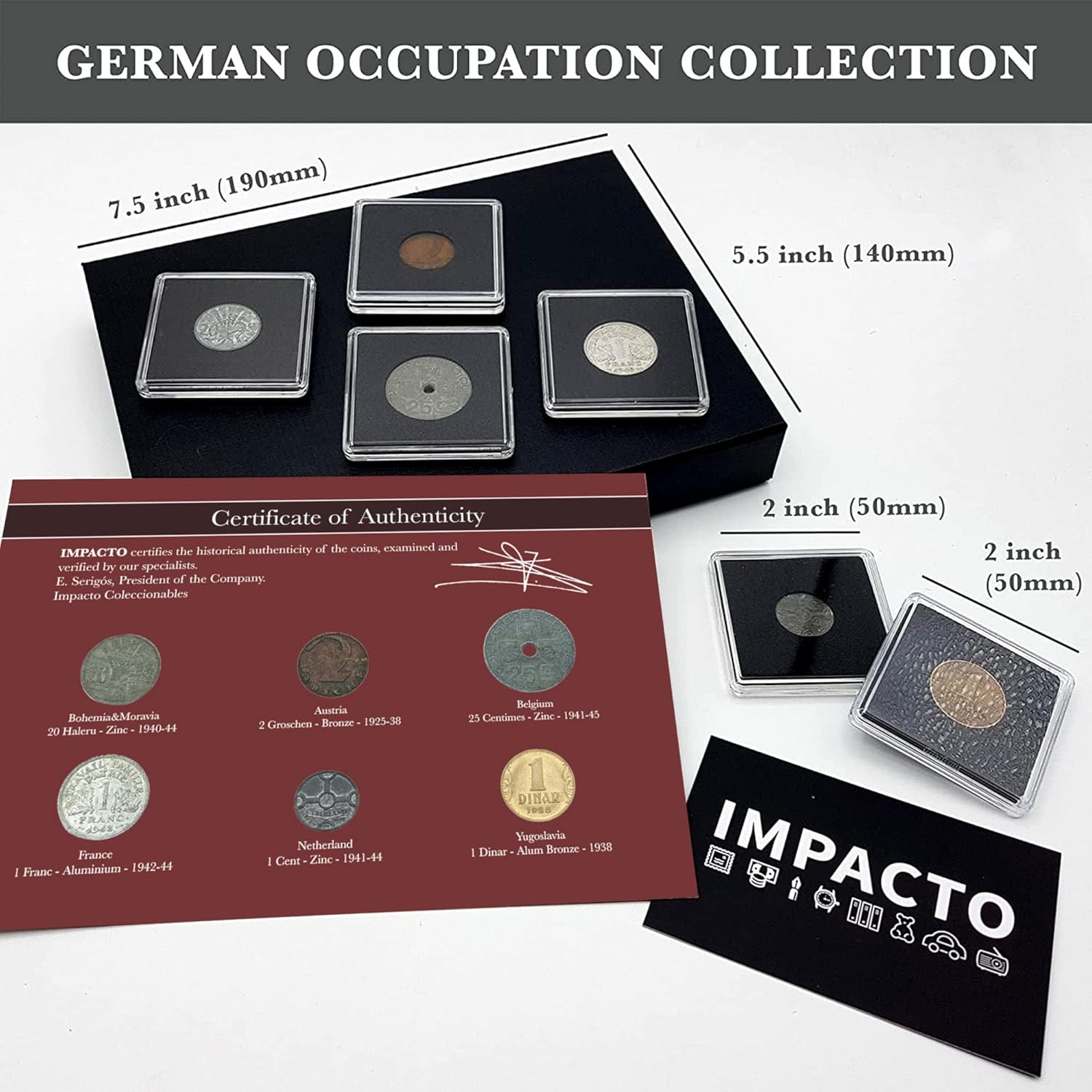 WW2 World Currency - 6 Coins Used During The World War 2 by The Germans in The Territories They Occupied (1925/45). Special WW2 Memorabilia for Collector, Certificate of Authenticity Included.