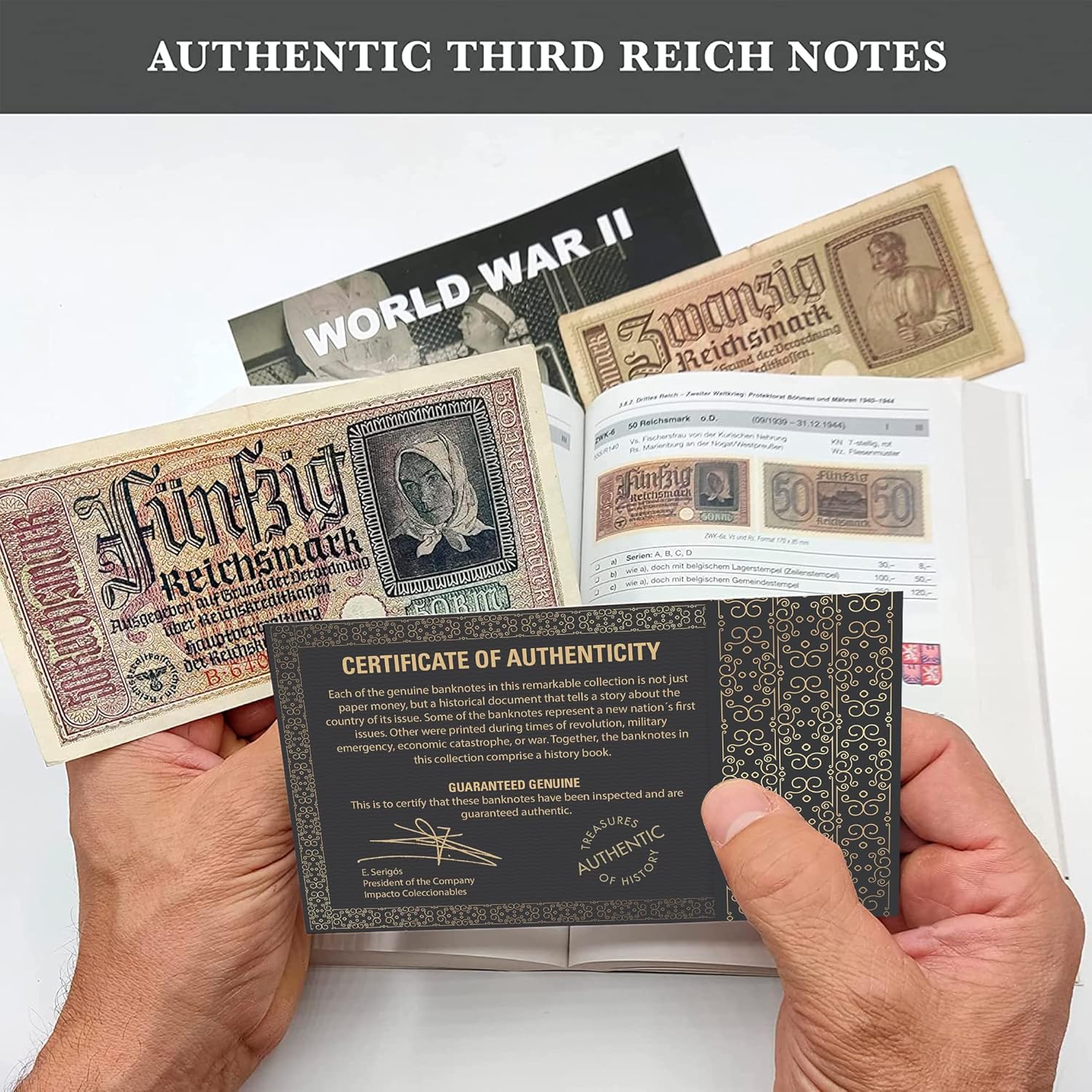 IMPACTO COLECCIONABLES - 2 Banknotes Used During The World War 2 by German Troops (1939-42) - Third Reich, Certificate of Authenticity Included