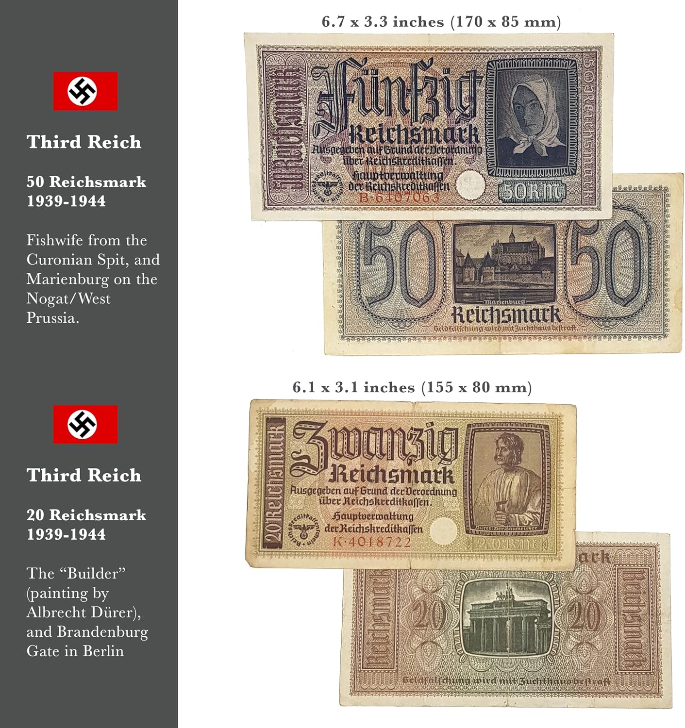 IMPACTO COLECCIONABLES - 2 Banknotes Used During The World War 2 by German Troops (1939-42) - Third Reich, Certificate of Authenticity Included