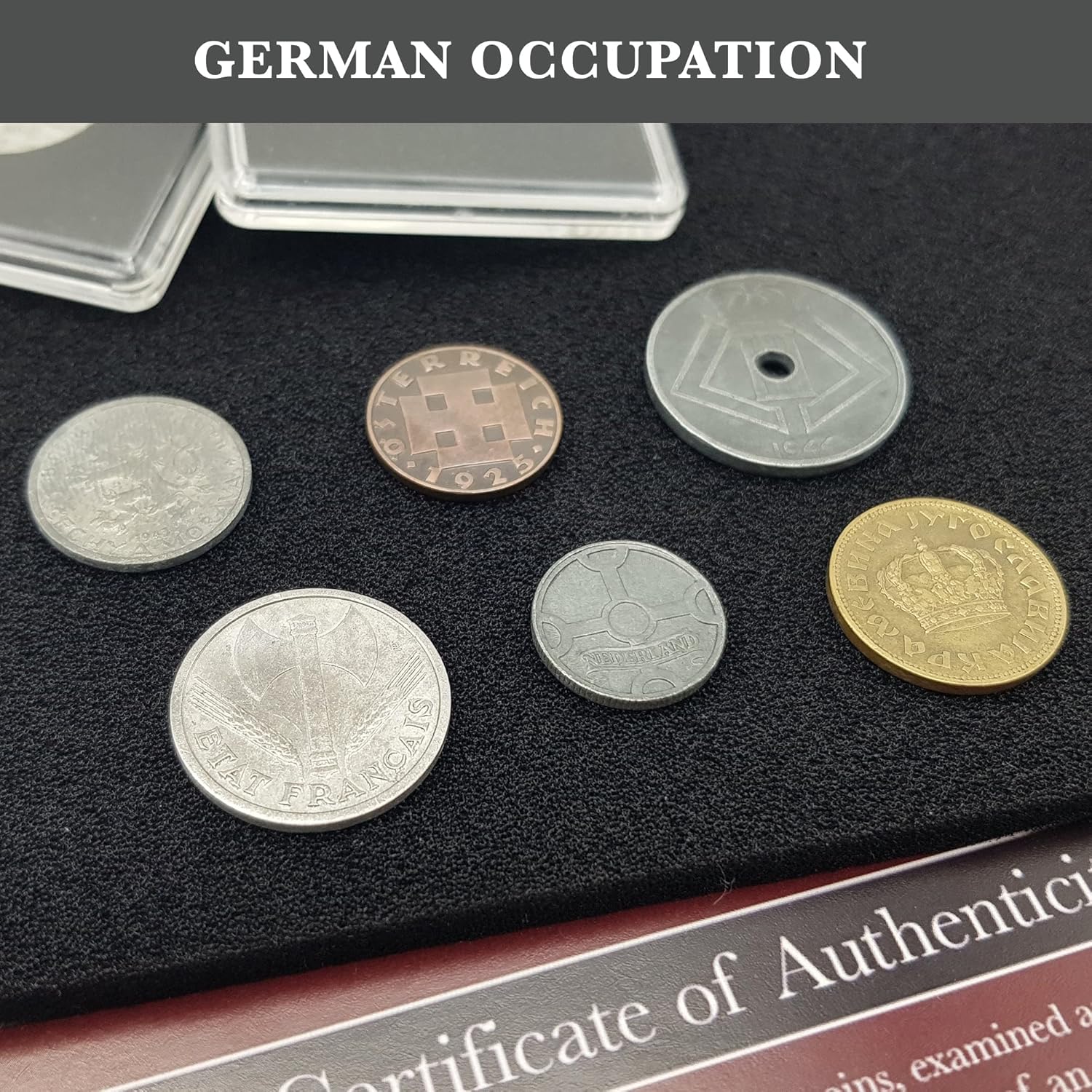 WW2 World Currency - 6 Coins Used During The World War 2 by The Germans in The Territories They Occupied (1925/45). Special WW2 Memorabilia for Collector, Certificate of Authenticity Included.