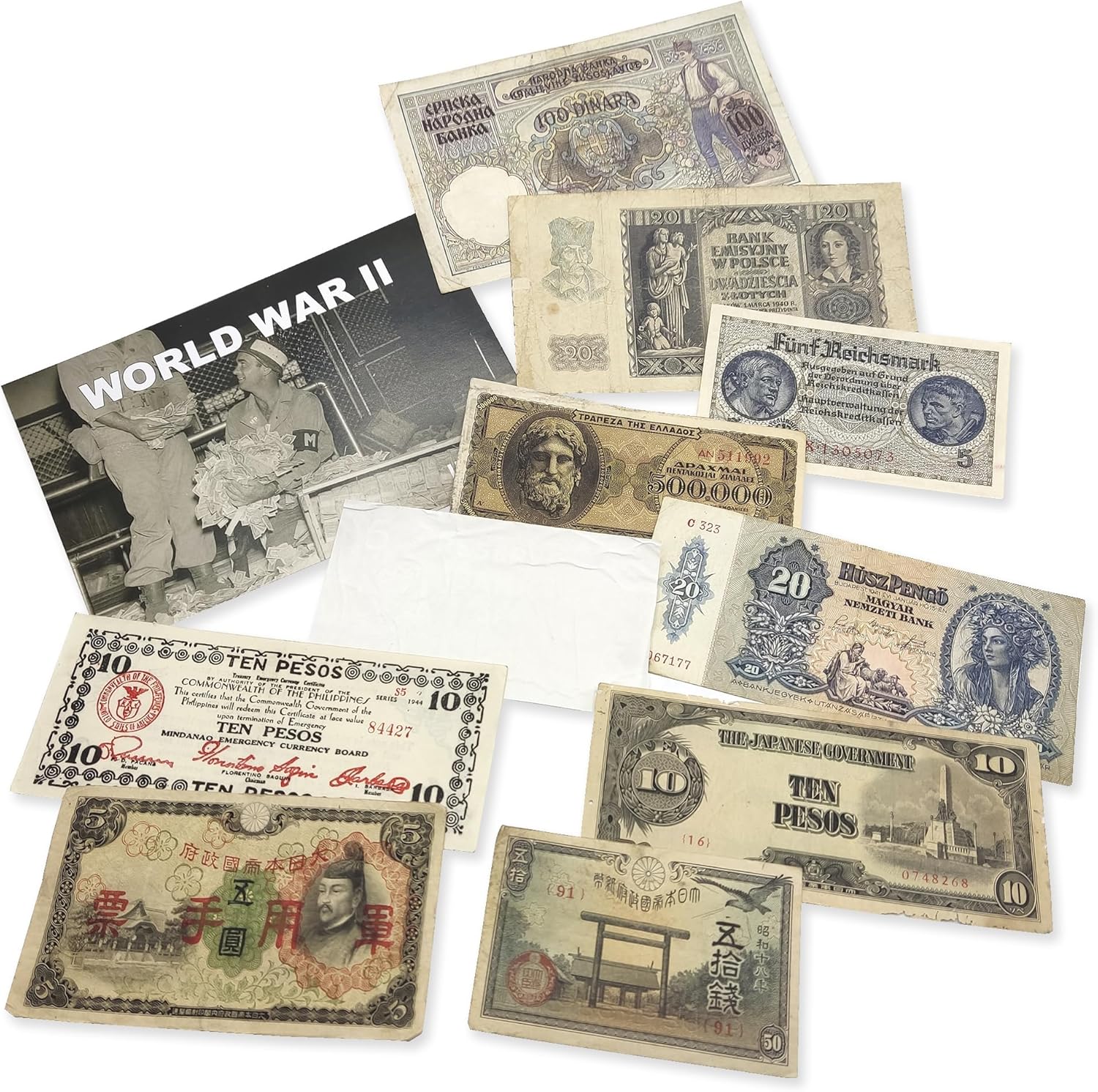 IMPACTO COLECCIONABLES - WW2 World Currency – Banknotes to Build Your Foreign Currency Collection – 10 Circulated Allied & Axis Powers Banknotes, Issued 1939-1945 – Banknotes Collection with Certificate of Authenticity