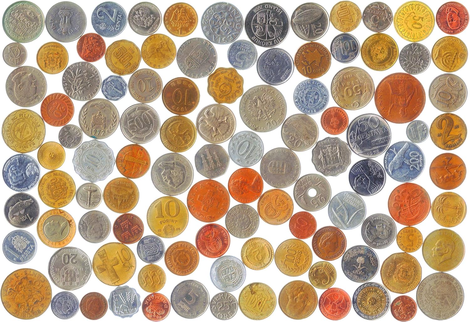 200 Different Coins from 50 Countries Around The World Including A Coin Bag Small Purse!