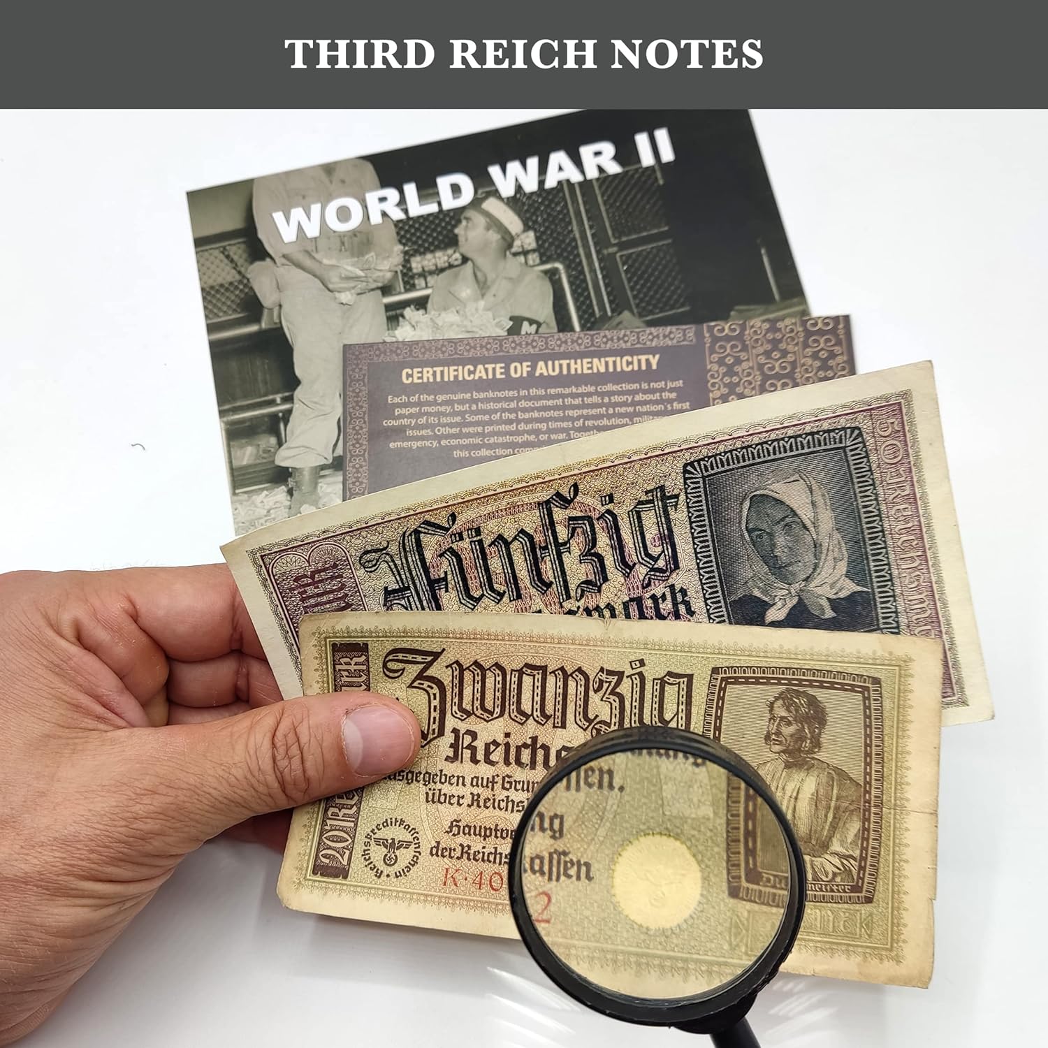 IMPACTO COLECCIONABLES - 2 Banknotes Used During The World War 2 by German Troops (1939-42) - Third Reich, Certificate of Authenticity Included