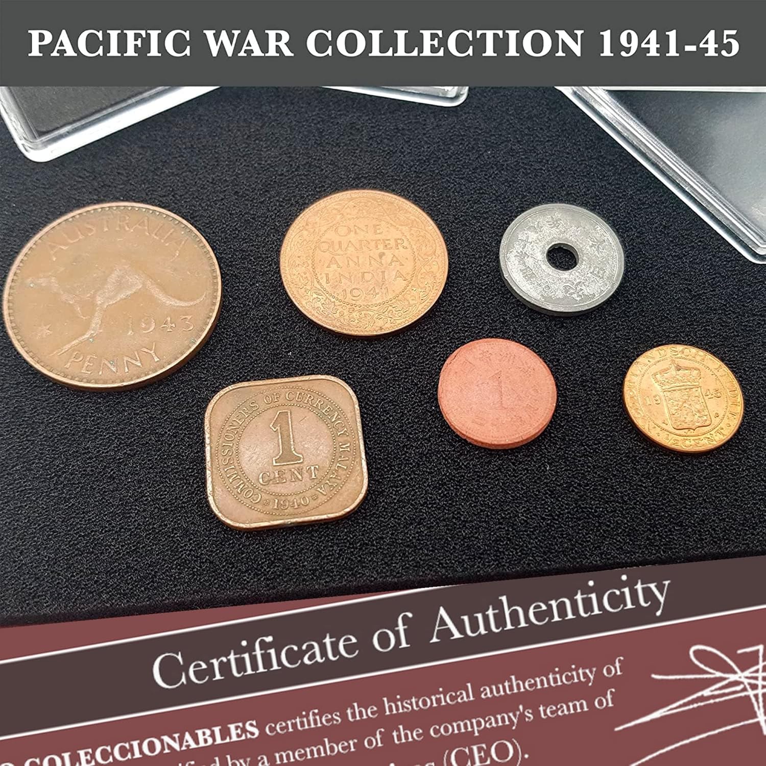 WW2 World Currency - 6 Coins Used During The World War 2 in The Pacific, The Pearl Harbor Collection (1938-1945). Special WW2 Memorabilia for Collector, Certificate of Authenticity Included.