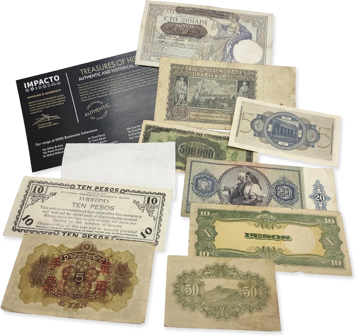 IMPACTO COLECCIONABLES - WW2 World Currency – Banknotes to Build Your Foreign Currency Collection – 10 Circulated Allied & Axis Powers Banknotes, Issued 1939-1945 – Banknotes Collection with Certificate of Authenticity