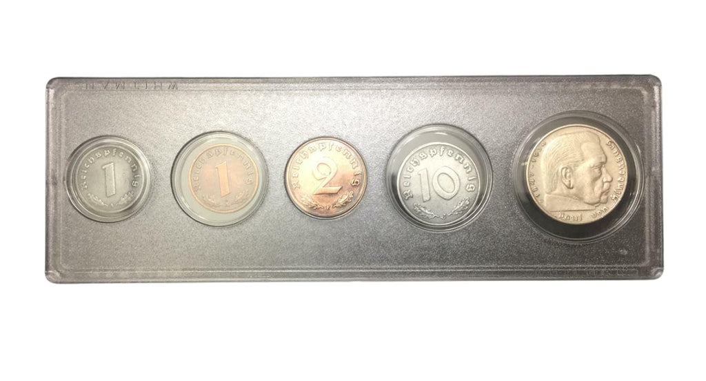 WW2 German Coin Set with 2 Reichsmark SILVER Coin – 5 Authentic WWII Coins (1937–1944) in Protective Display Case – Rare Circulated Germany Coins Collection