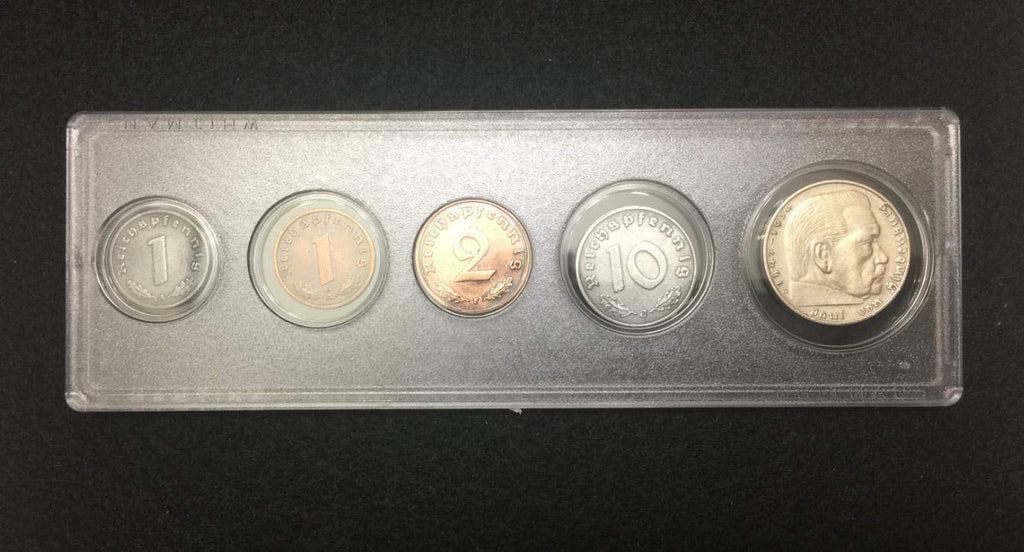 WW2 German Coin Set with 2 Reichsmark SILVER Coin – 5 Authentic WWII Coins (1937–1944) in Protective Display Case – Rare Circulated Germany Coins Collection