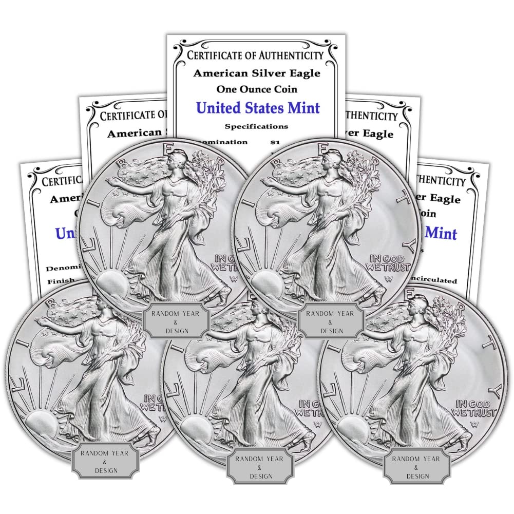 1986 - Present (Random Year) Lot of (5) 1 oz American Silver Eagle Coins Brilliant Uncirculated (Type 1 or 2) with Certificates of Authenticity $1 Seller BU