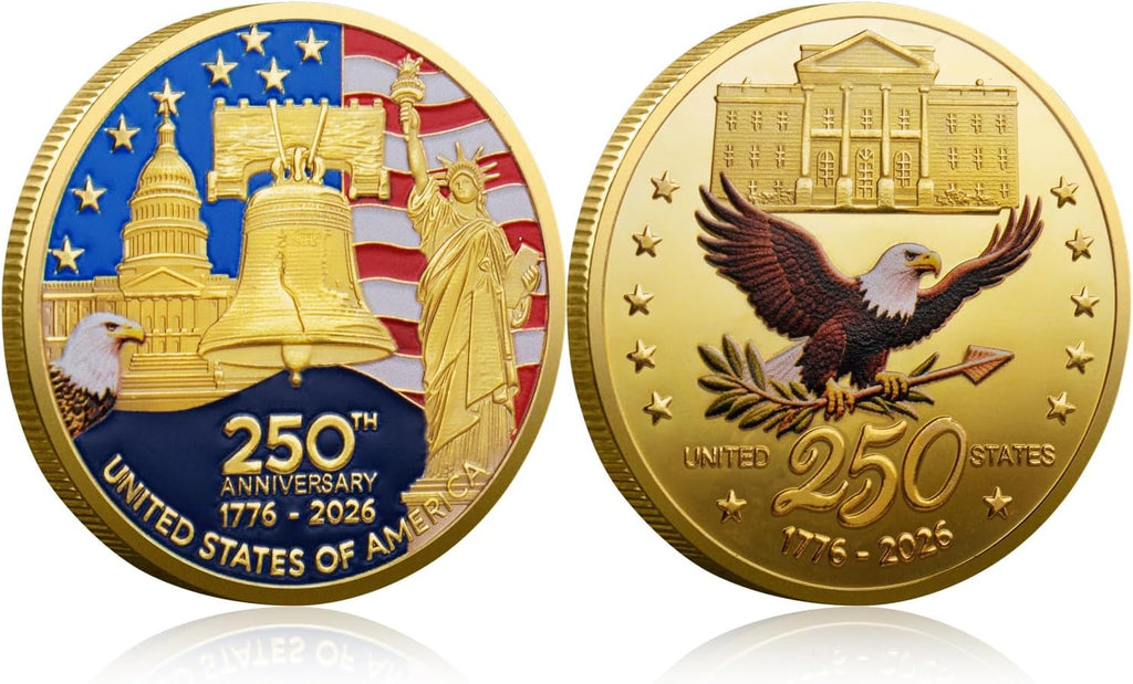 250th Anniversary Commemorative Coins - Golden American Flag & Liberty Bell Design Collectible Coins, Durable Metal Anniversary Coins for Display, Collectors & Gift Idea, Patriotic Design (1PCS)