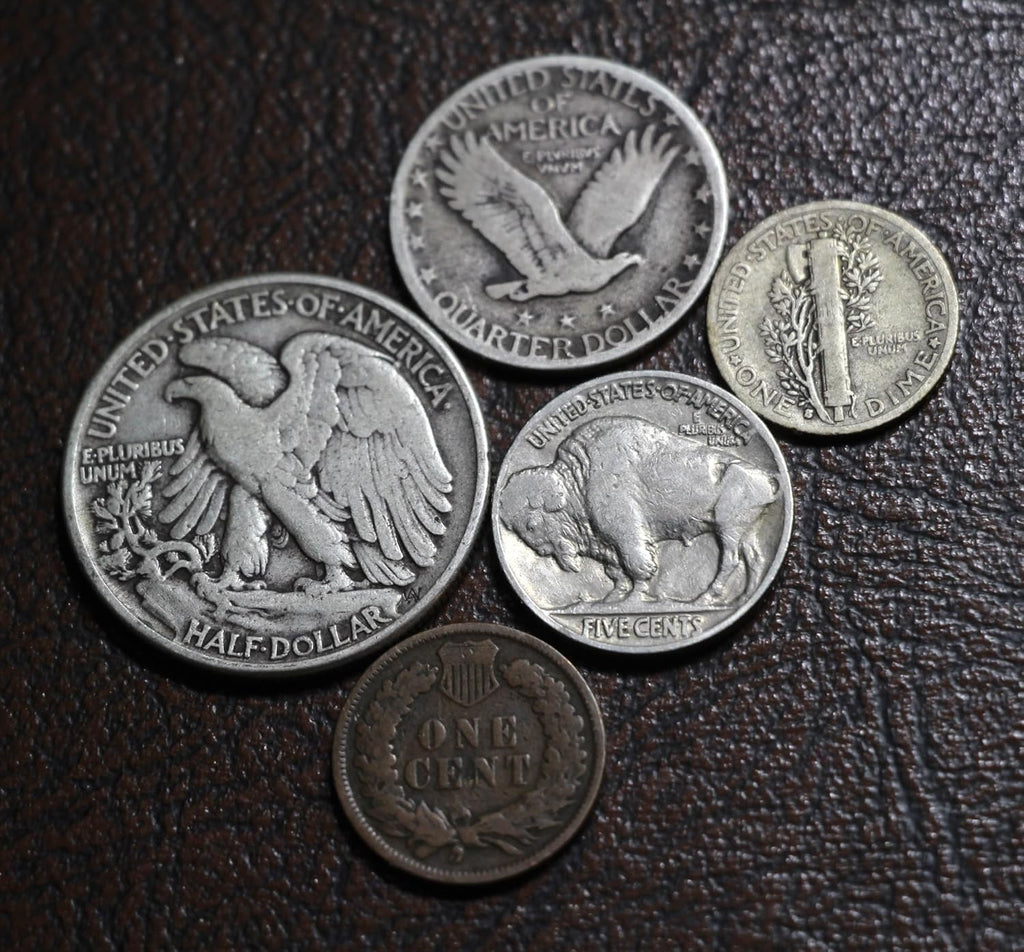 Old U.S. Silver Coins 5 Coin Collection Gift Set - Indian Head Cent, Buffalo Nickel, Mercury Dime, Standing Liberty Quarter, Walking Liberty Half Dollar