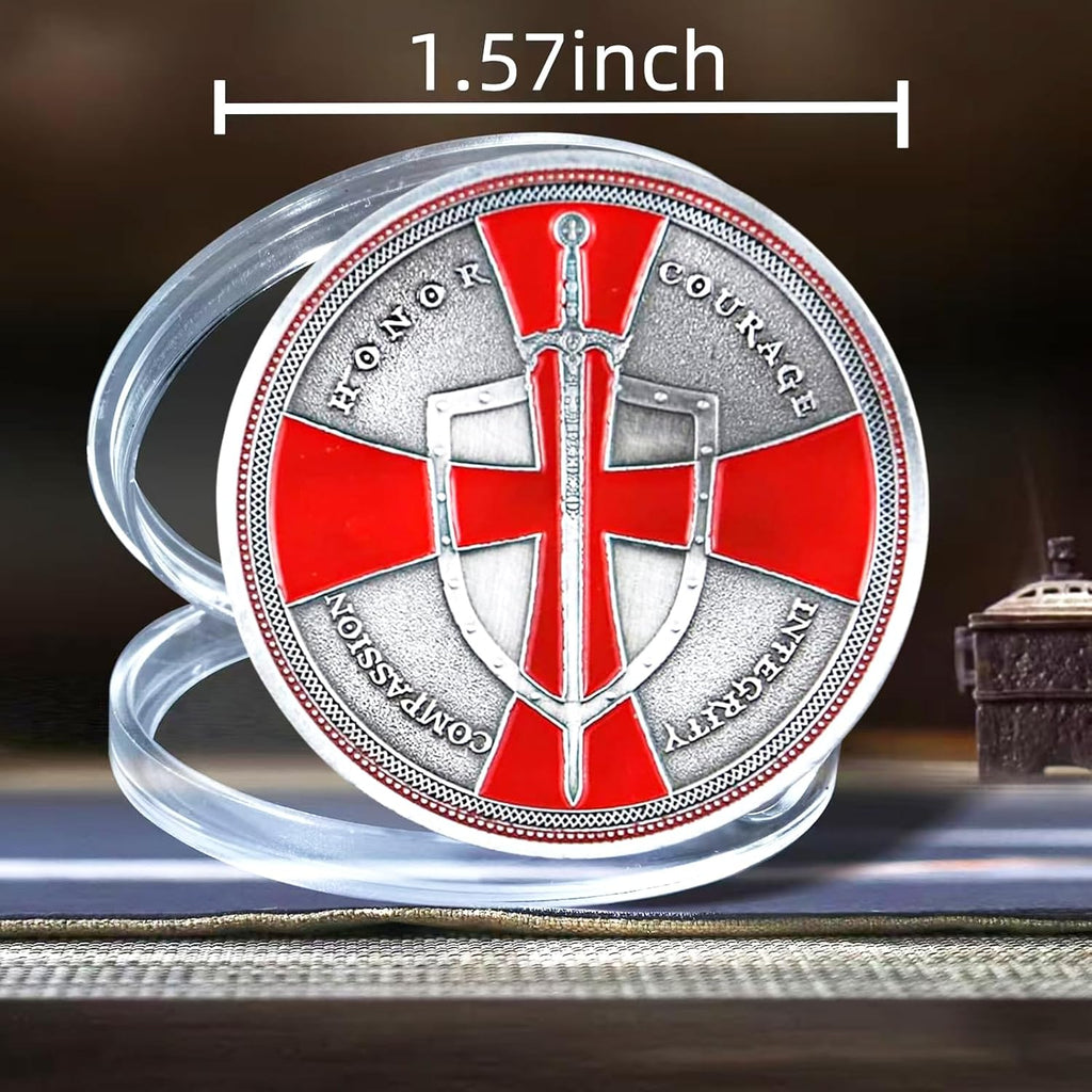 Knights Templar Challenge Coin Red Cross and Shield 3D Silver-Plated Religious Collectible A Christian Faith Inspirational Quote Commemorative Coin for Men History and Bible Students(E)