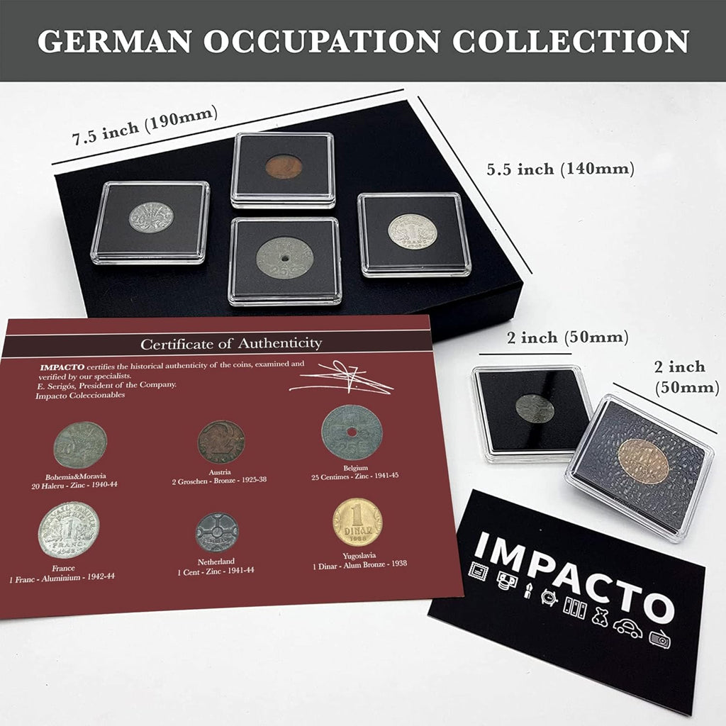 WW2 World Currency - 6 Coins Used During The World War 2 by The Germans in The Territories They Occupied (1925/45). Special WW2 Memorabilia for Collector, Certificate of Authenticity Included.