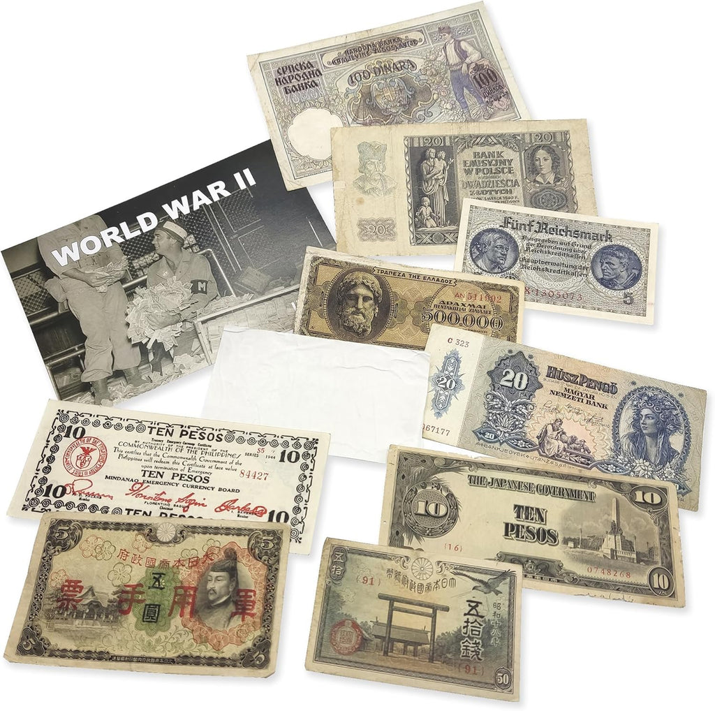 IMPACTO COLECCIONABLES - WW2 World Currency – Banknotes to Build Your Foreign Currency Collection – 10 Circulated Allied & Axis Powers Banknotes, Issued 1939-1945 – Banknotes Collection with Certificate of Authenticity